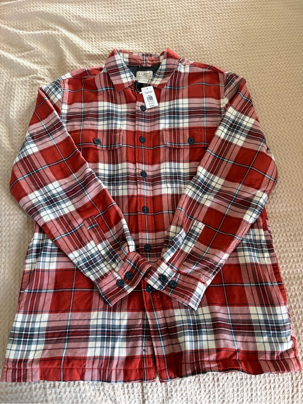 L.L. Bean Red and White Plaid Button-Down Flannel Shirt. Fleece lined